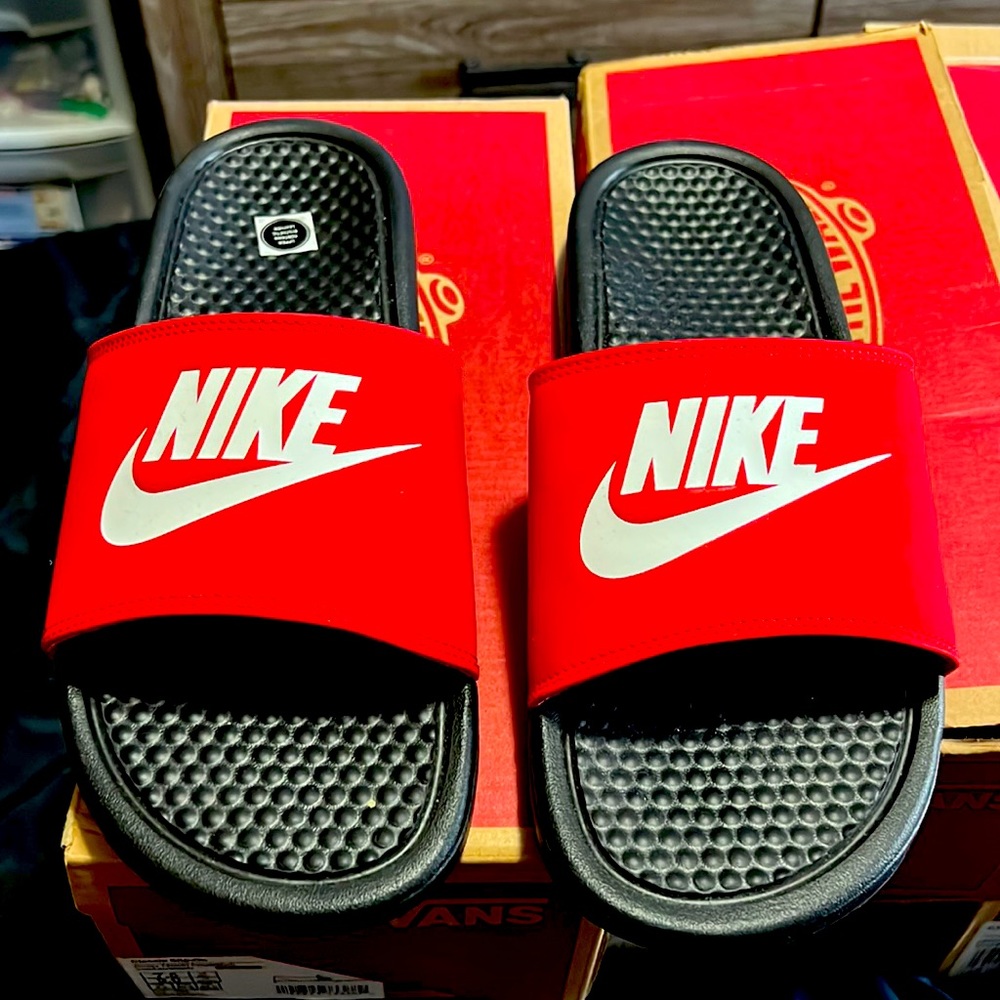 Red & White Nike Slides